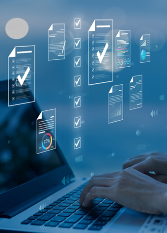 Person typing on a laptop with floating translucent documents and checkmarks, conveying digital task management and organized workflow.