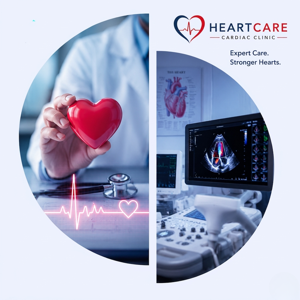 Brand image for HeartCare Cardiac Clinic: a doctor presenting a red heart with an ECG trace, with an ultrasound monitor and medical equipment to the right, plus the slogan 'Expert Care. Stronger Hearts.'