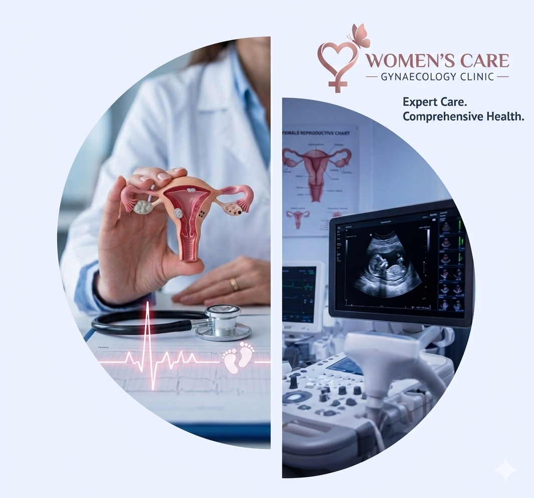 Gynecology clinic illustration: a doctor holds a uterus model beside an ultrasound screen and heartbeat chart, with the Women's Care logo.