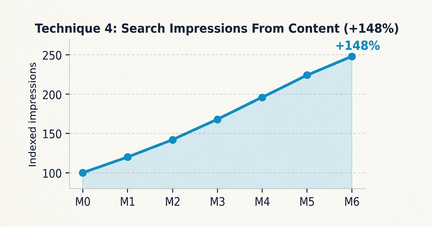 Line chart showing rising indexed impressions from M0 to M6, ending at 250 with +148%.