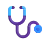 Logo of a medical symbol: a purple stethoscope curved into a U with teal earpieces and a blue chest piece