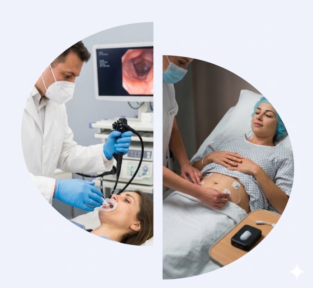 Dental examination in progress: clinician with mask and gloves using an endoscope on a patient’s mouth, monitor in background (left). Right side shows prenatal care with a patient in a hospital bed and fetal monitoring device.
