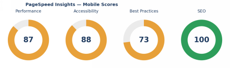 Mobile PageSpeed Insights scorecard showing four rings with scores: 87 (Performance), 88 (Accessibility), 73 (Best Practices), 100 (SEO).