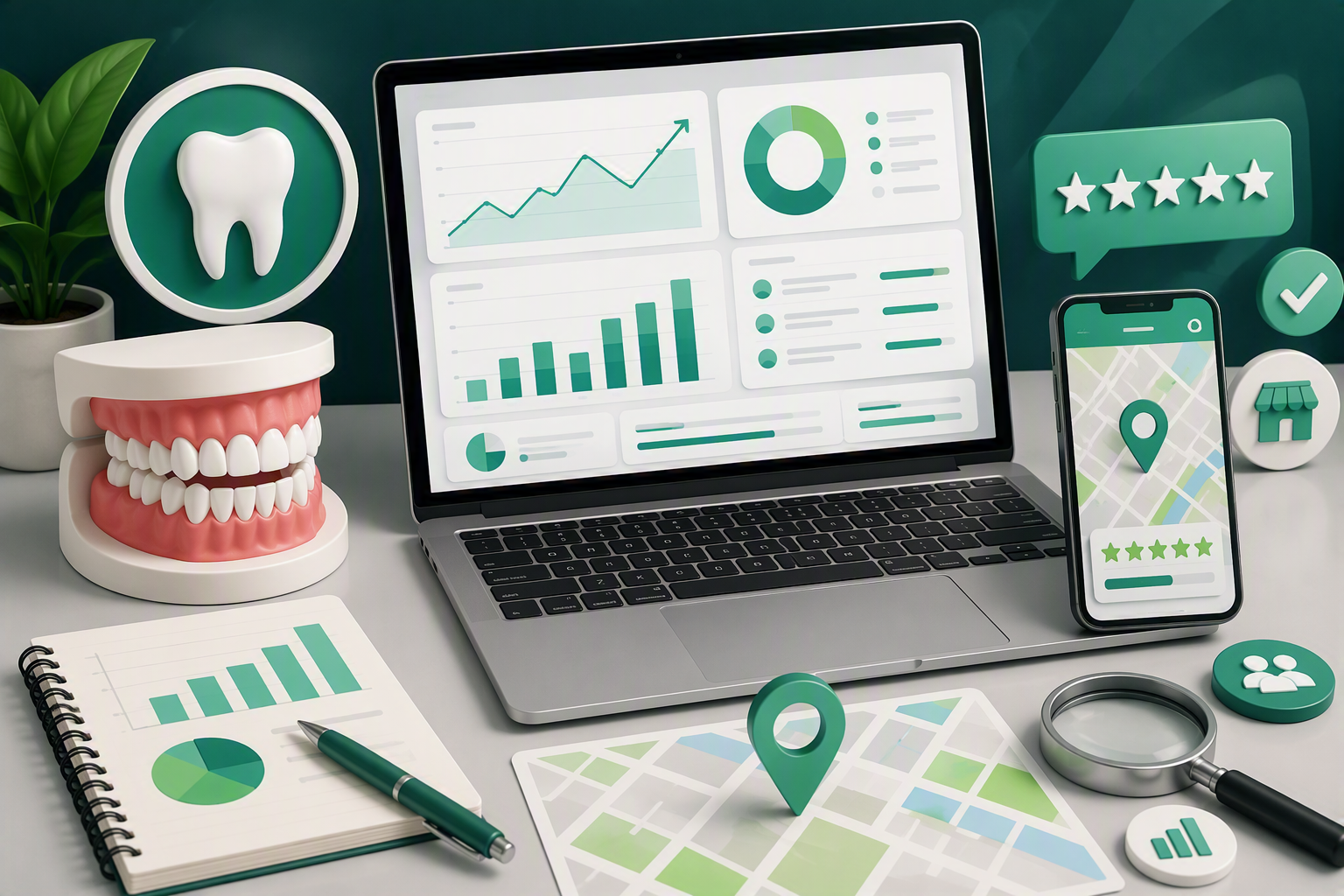 featured-local-seo-dentists Laptop screen shows dental analytics with line, bar, and pie charts beside a dental model and a notebook on the desk.