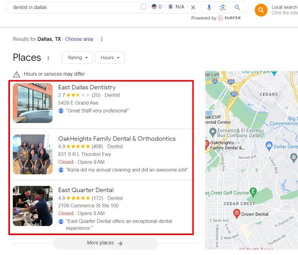 google-local-pack-dentist-example Screenshot of a search results panel for 'dentist in dallas' showing three dentist listings (East Dallas Dentistry, OakHeights Family Dental & Orthodontics, East Quarter Dental) with star ratings, review counts, and brief descriptions, arranged in a red-framed box to the left of a map displaying the Dallas area.