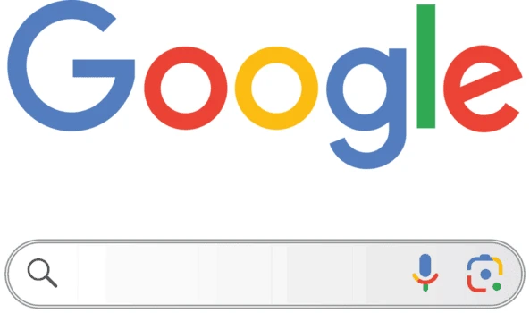 Google logo above a rounded search bar with a magnifying glass on the left and microphone and Google Lens icons on the right.