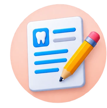Illustration of a document with a tooth icon being filled out with a pencil, suggesting dental form editing.