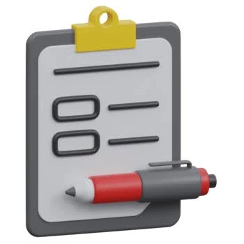 Clipboard with a gray checklist outline, two checkbox items, and a red-gray pen resting on it.