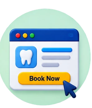 Illustration of a dental appointment web interface with a tooth icon, descriptive lines, and a yellow 'Book Now' button being clicked by a blue cursor.