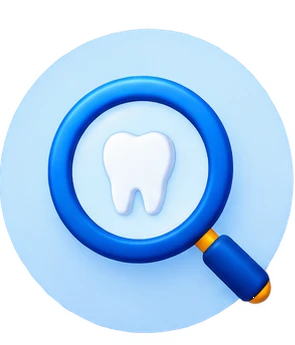 Blue magnifying glass over a white tooth icon on a light blue circular background, symbolizing dental search or inspection.