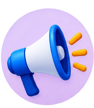 Megaphone icon symbolizing announcements or alerts (blue and white on a purple circular background)