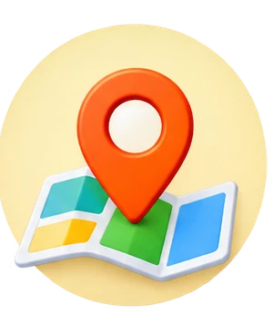 Orange location pin placed on a colorful folded map, representing map navigation or finding a place in a location app.