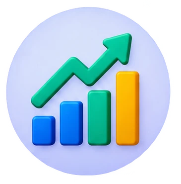 Colorful bar chart with four ascending bars (blue, light blue, green, orange) and a green arrow pointing up, indicating growth.