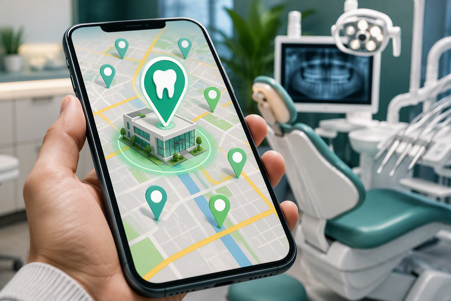 local-map-pack-dentist-visual Smartphone screen shows a map with a prominent dental clinic pin and several location markers; dental chair visible in the background.