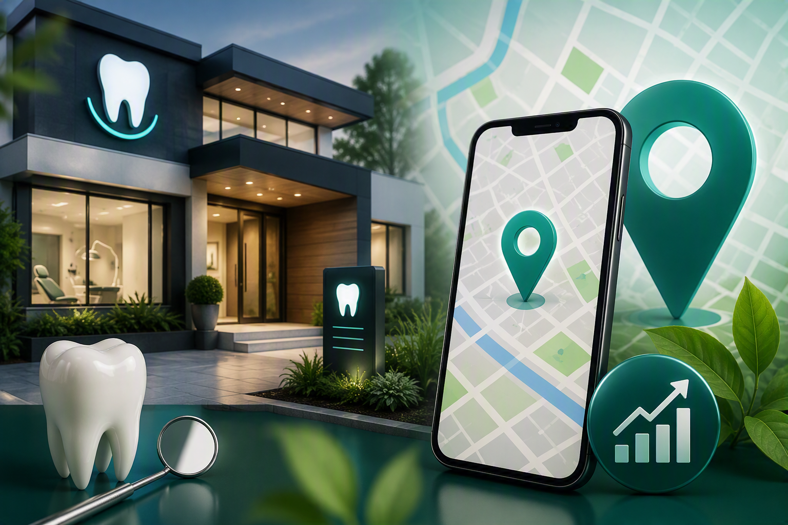 local-seo-strategy-dashboard Modern dental clinic exterior with a glowing tooth logo and an abstract map/locator design suggesting a dental care app or location service.