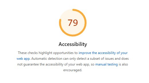 scident-accessibility-score-79 Circular accessibility score gauge showing 79 with an orange arc, labeled Accessibility and a short explanatory note below it.