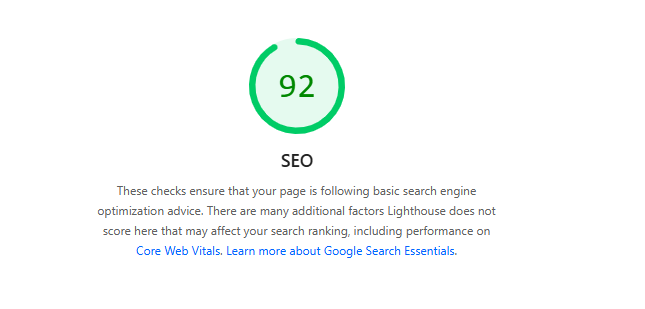 scident-seo-score-92 Green circular score badge reading 92, labeled SEO, followed by a short explanation about basic page optimization checks and search engine factors.
